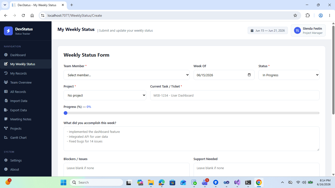 Dev Team Status Tracker screenshot 1