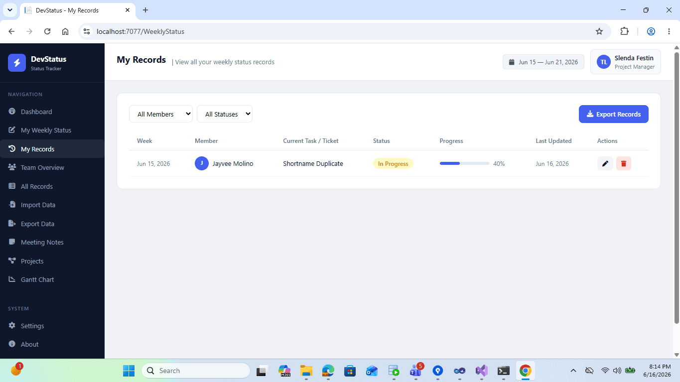 Dev Team Status Tracker screenshot 2